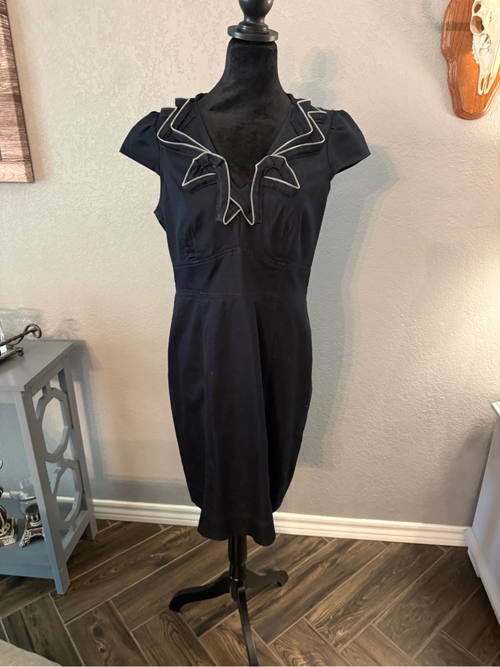 London Times black denimish Midi Sheath Dress with Zipper Trim